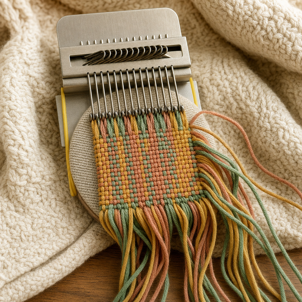 Mini krosno na swetrze z tkaną kolorową łatą